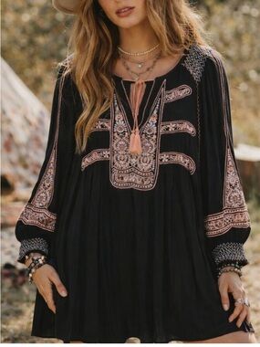 Free People Black Long-Sleeve Embroidered Boho Dress with Pink Details